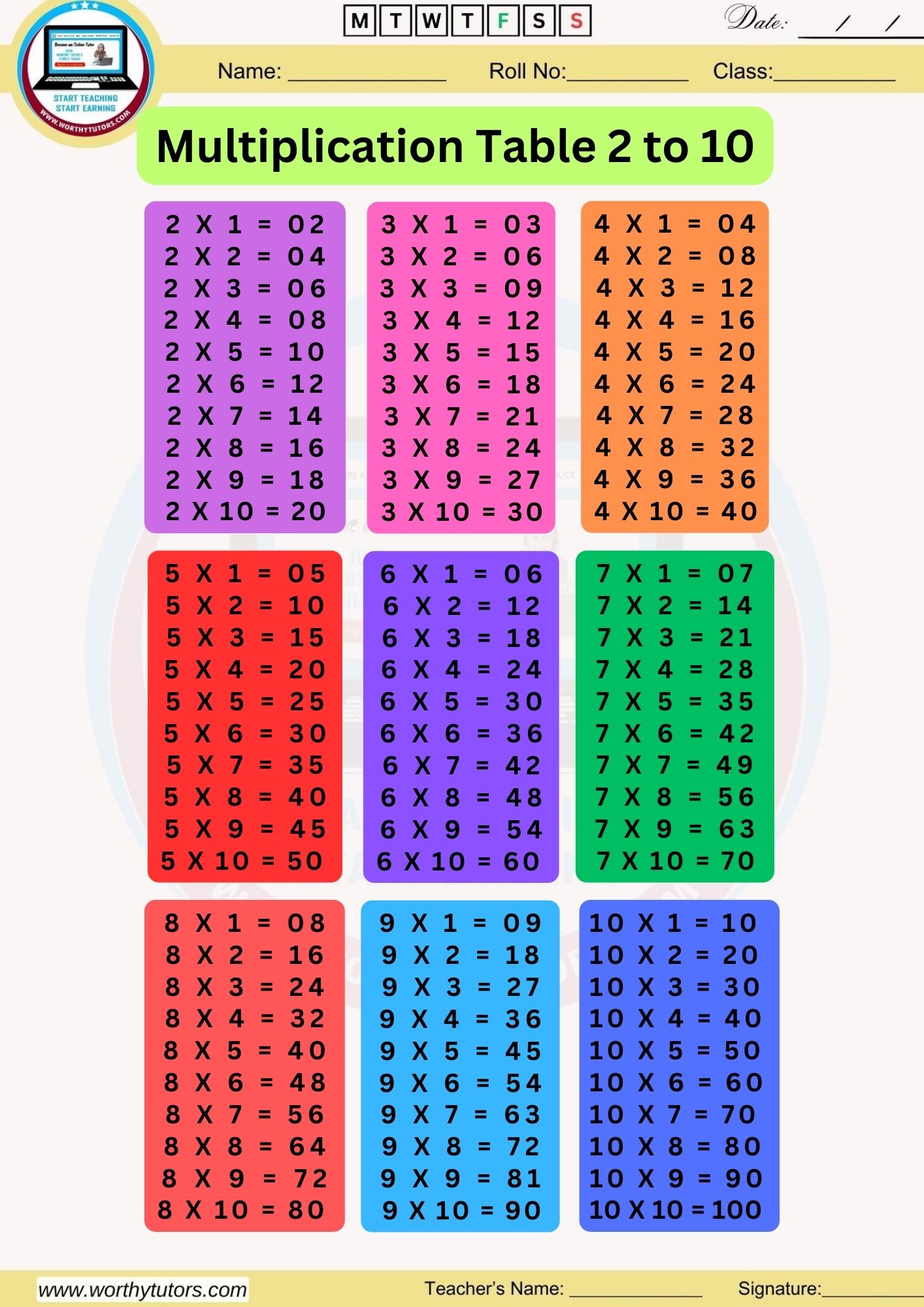 Printable Math Table 2 to 20 Worksheets for Nursery - Worthy Tutors